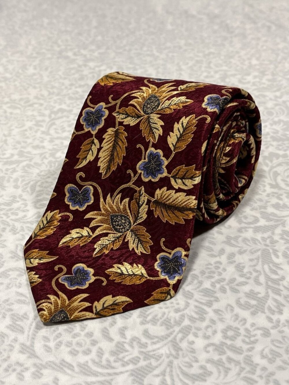 Vintage Ike Behar Floral Silk Tie Burgundy Gold USA Made Wide